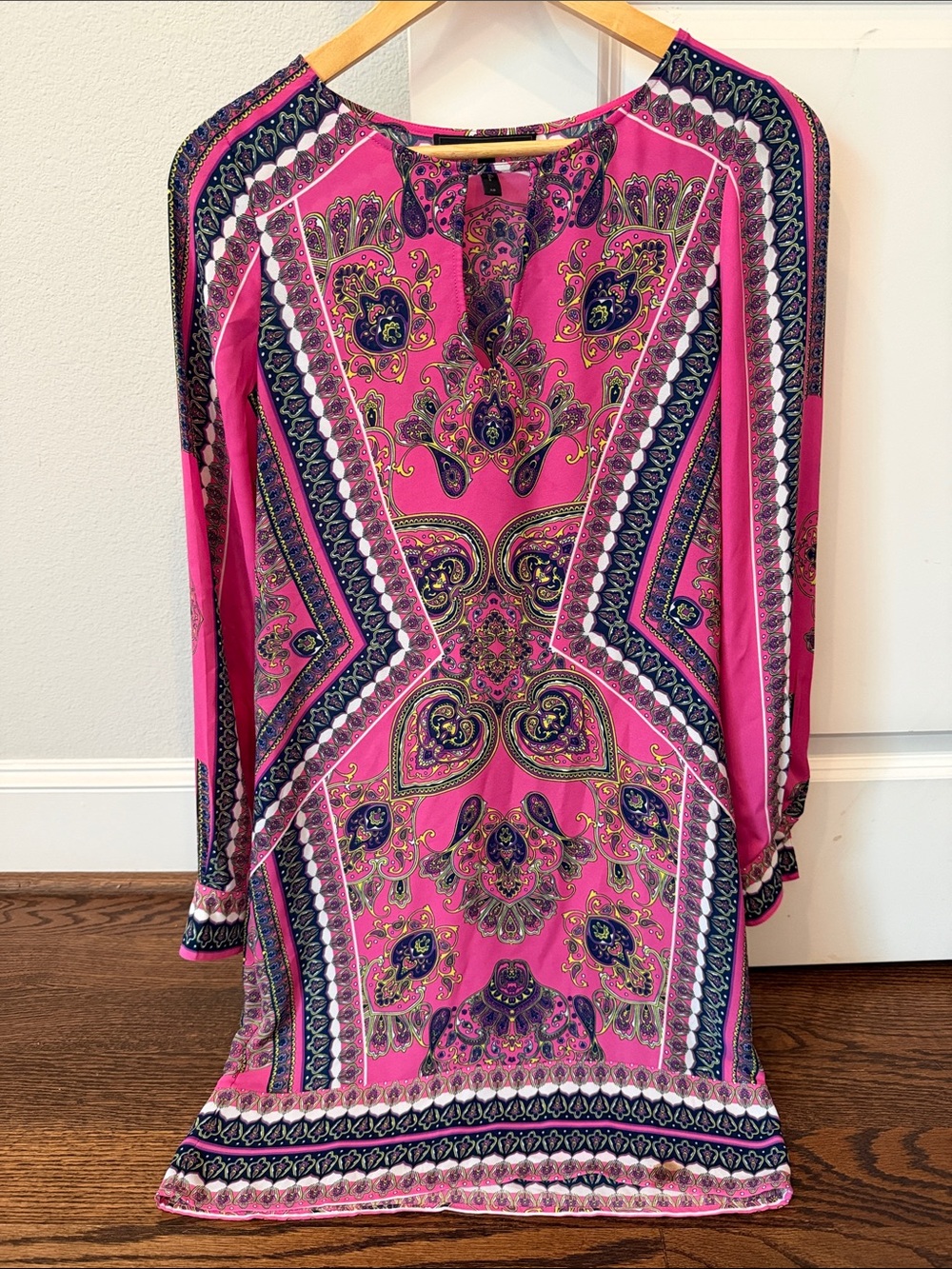 BCBGMaxAzria Hot Pink Paisley Long-Sleeve Tunic Dress with Navy & Yellow Accents